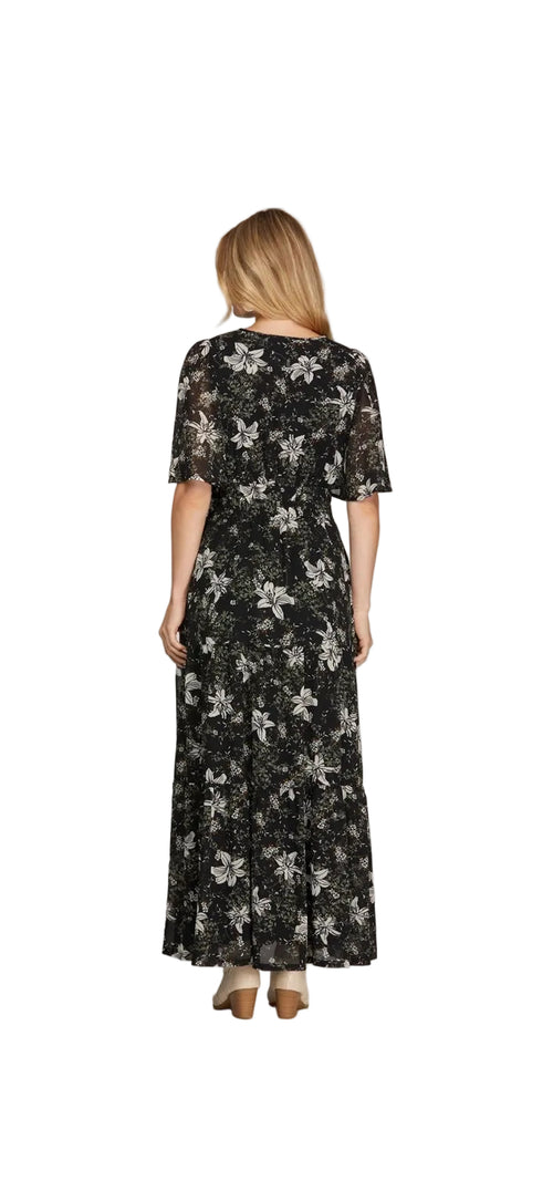 Black floral V-neck maxi dress back view