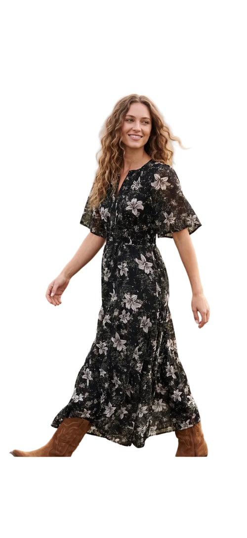Black floral V-neck maxi dress front view