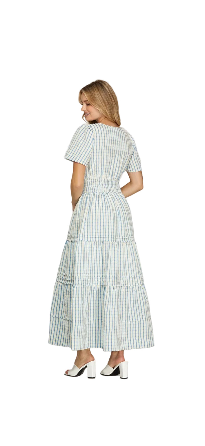 Blue check tiered midi dress back view