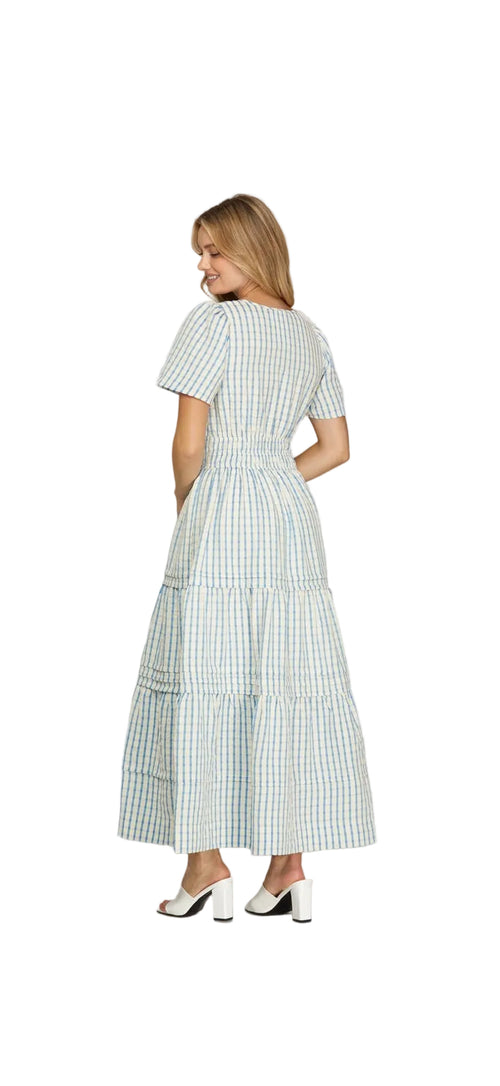 Blue check tiered midi dress back view