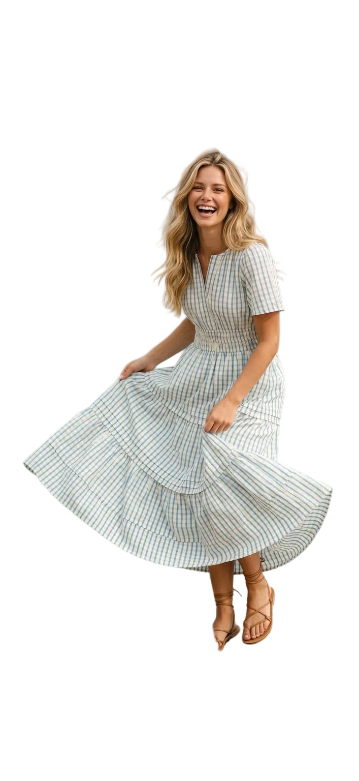 Blue check tiered midi dress front view