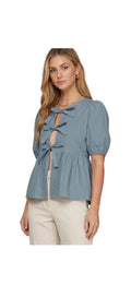 Blue tie front puff sleeve shirt front view
