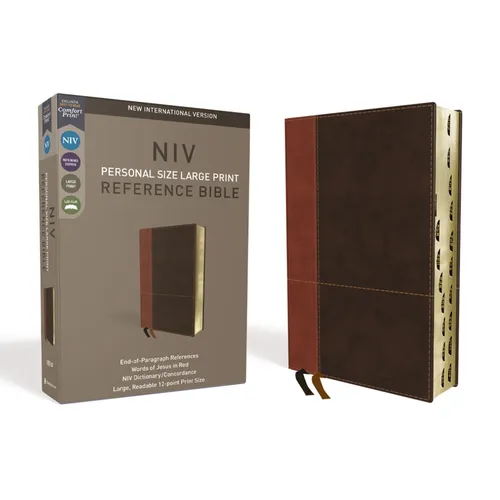 NIV, Personal Size Reference Bible, Large Print, Imitation Leather, Brown, Indexed, Red Letter Edition, Comfort Print