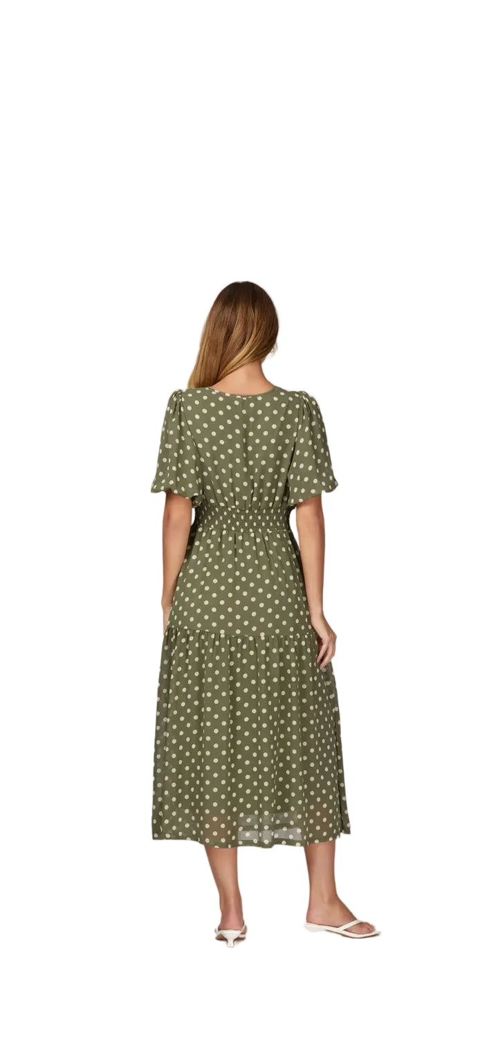 Olive polka dot midi dress back view