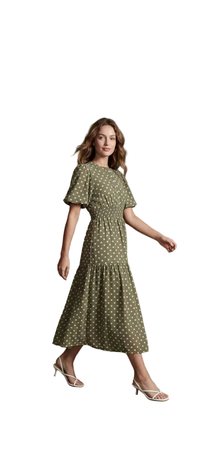 Olive polka dot midi dress front view