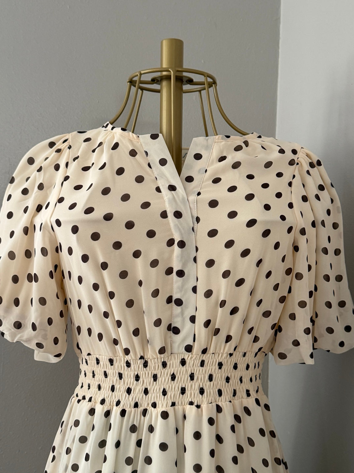 Champagne Dot Flutter Maxi Dress bodice detail