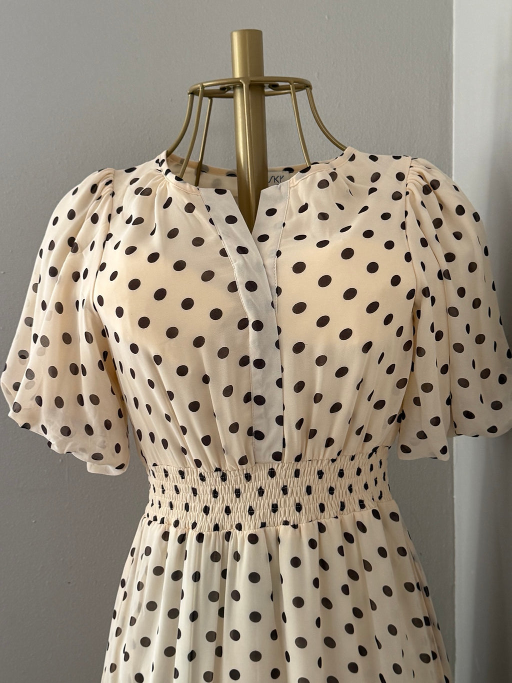 Champagne Dot Flutter Maxi Dress waist detail