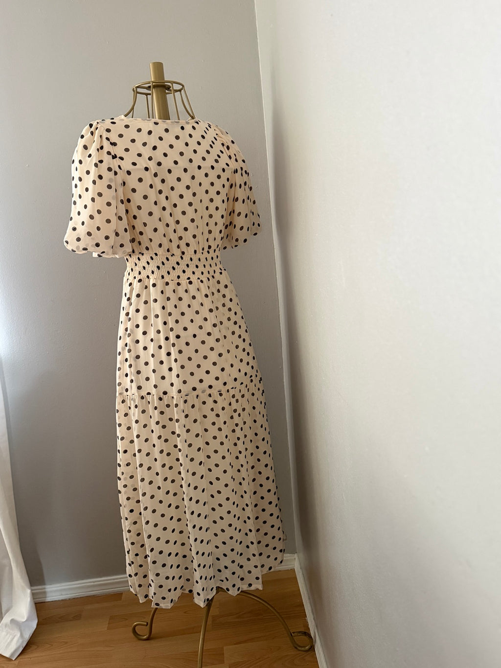 Champagne Dot Flutter Maxi Dress back and side view