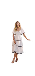 White navy trim ruffle midi dress front view